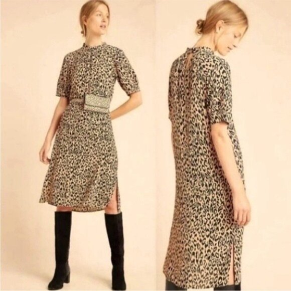 Anthropologie MacKenzie Leopard Print Midi Dress Short Sleeve Keyhole Slit Large - Picture 1 of 13